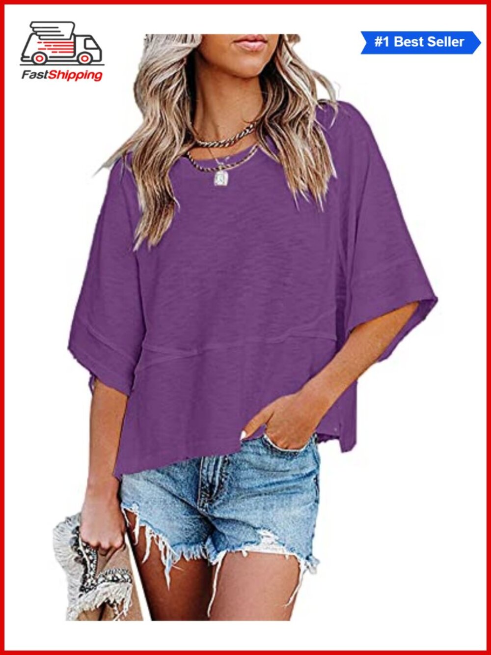 Women's Loose Fit 3/4 Sleeve Crewneck T-Shirt Tunic Top Casual Summer